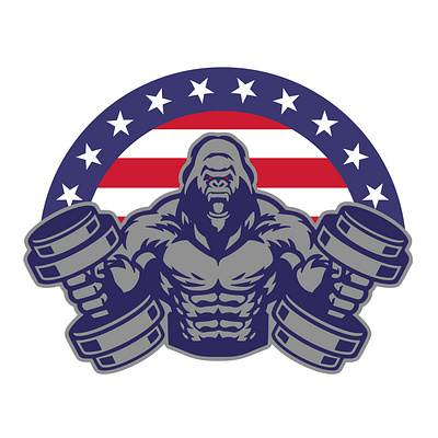 Muscular Silverback Gorilla Logo Behind American Flag americal flag logo branding gorilla logo graphic design logo modern logo silverback weights