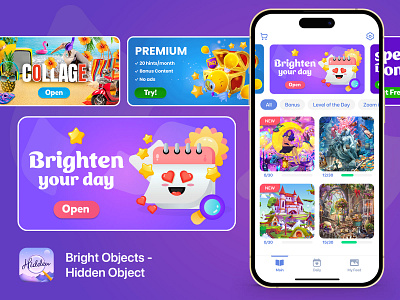 In App Banners for Bright Objects Game graphic design illustration ui