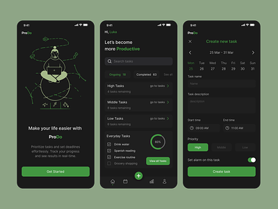 Productivity app app application boostproductivity dark darkmode efficiency green prioritize productivity timemanagement todo ui userexperience userinterface ux workflow