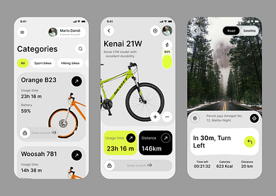Smart Bike App Exploration bicycle bikes cycle distance hiking bicycles kcal kilocalories road satellites screens speed sport bike technology ui
