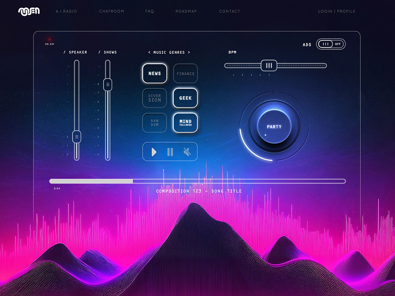 MusenAi UI interface ai buttons colorful design interface minimal music photoshop radio sleek slider speaker synthwave ui vibrant