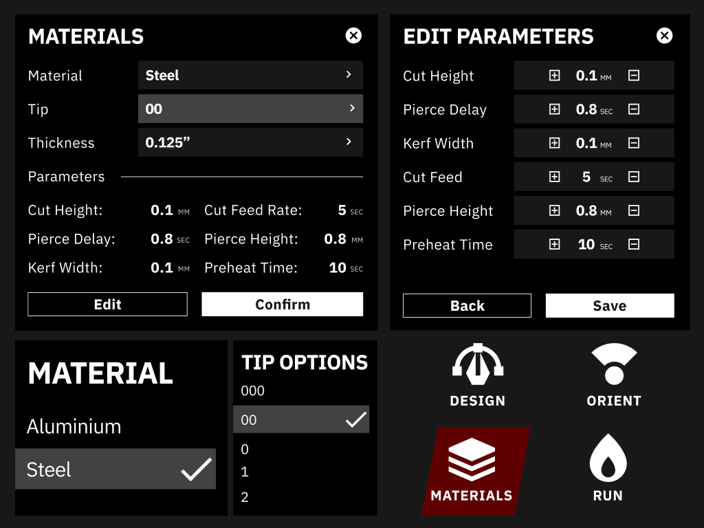 CNC Machine Touchscreen Tablet Interface Action Elements actions app components dark dark mode darkmode graphic design icons machine machinery materials minimal popup product design selection tablet touchscreen typography ui ux