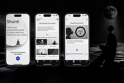 Mobile application for stress relief and inner peace 🕉️ black and white meditation mobile mobile app ui ui design ux uxui