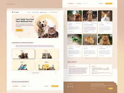 Pet Finder web service / Main Page animals figma landing page lost pet natural colors pet finder pets ui user interface uxui uxui design web design web service