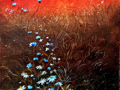 Original acrylic painting, Field and flowers, Ukrainian landscap acrylic art flower hand painted landscape nature painting sky ukraine