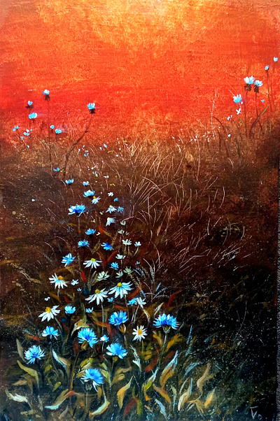 Original acrylic painting, Field and flowers, Ukrainian landscap acrylic art flower hand painted landscape nature painting sky ukraine