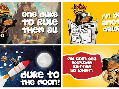 Duke project for MEME project crypto. full character design branding btc cartoon creative crypto crypto banners crypto design doberman dog dog doge duke graphic design king king dog logo logo design meme twitter web banners