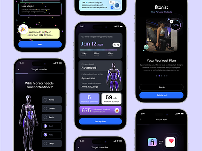 Fitness app - Fitonist. Onboarding ai design app dark dark mode fitness gym interface mobile mobile design onboarding trainings ui uiux design ux walkthrough workout workout plan