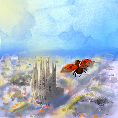 Ladybug traveler flies over Barcelona. branding calendar design digital art illustration trevel watercolor