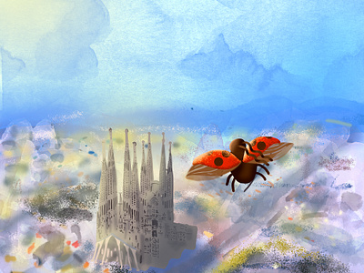 Ladybug traveler flies over Barcelona. branding calendar design digital art illustration trevel watercolor