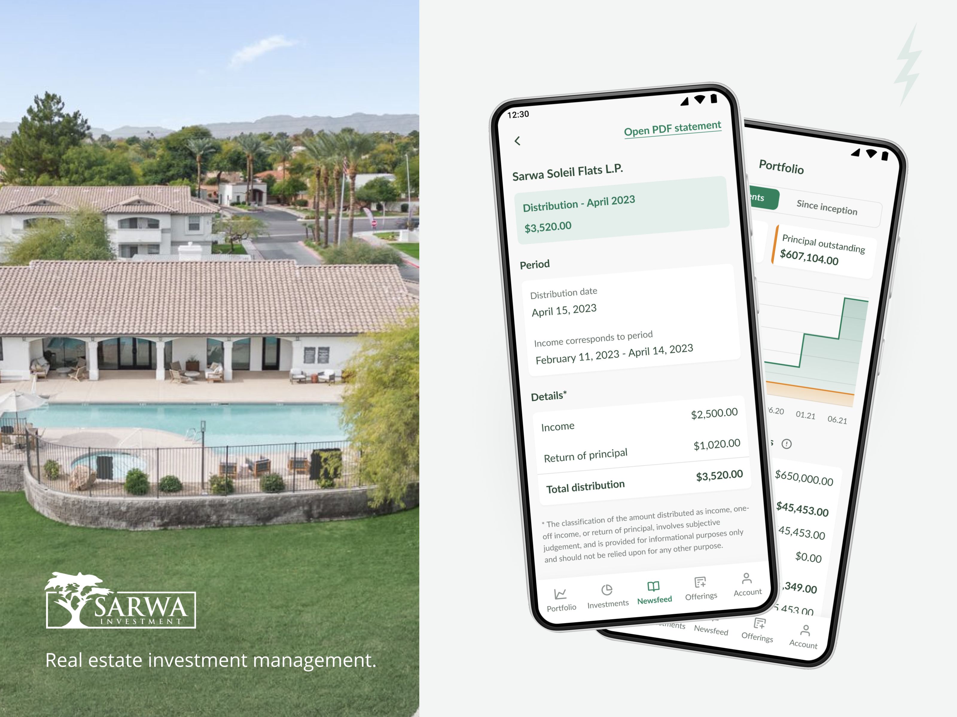Sarwa Investment app chart clean ui design distribution invest investment investor mobile mobile design money navigation operation portfolio property summary ui