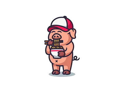 Pig Eating Ramen Cartoon Logo brand branding cartoon cute design graphic design icon identity illustration l logo mascot