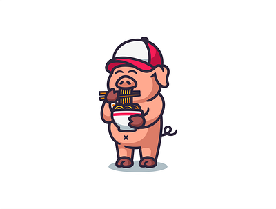 Pig Eating Ramen Cartoon Logo brand branding cartoon cute design graphic design icon identity illustration l logo mascot