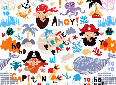 Ho -Ho! Pirate party! adventure capitan characters design for kids graphic design illustration marine palm parrot patterns pirate sea seamless pattern vector whale