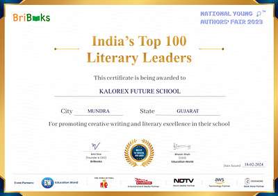 India's Top 100 Literary Leaders Certificate BriBooks Present app authors branding certificate design schools ui ux website writer