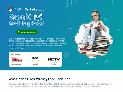 Book Writing Fest landing page BriBooks Present app author book writing fest branding certificate design illustration schools ui ux writer