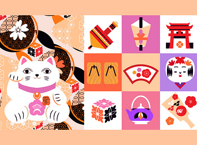Japanese travel asia bell cat daruma design fan graphic design illustration japan maneki neko minimal patterns print sakura tea travel vector