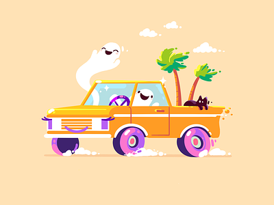 👻Ghosts of Miami🌴 2d car cat character design drive driving ghost happy hello illustration miami palms positive summer truck vector yellow