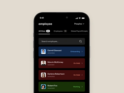 Employee Management App app design clean dark mode dark ui dashboard home screen hr hr management human resources interface interface design mobile app mobile app design modern onboarding product design ui ui design user experience user interface