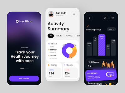 Health.io - Health Tracker App Exploration android charts clean dark mode dashboard data design graphs health ios iphone layout light mode mobile responsive stats tracker typography ui ux