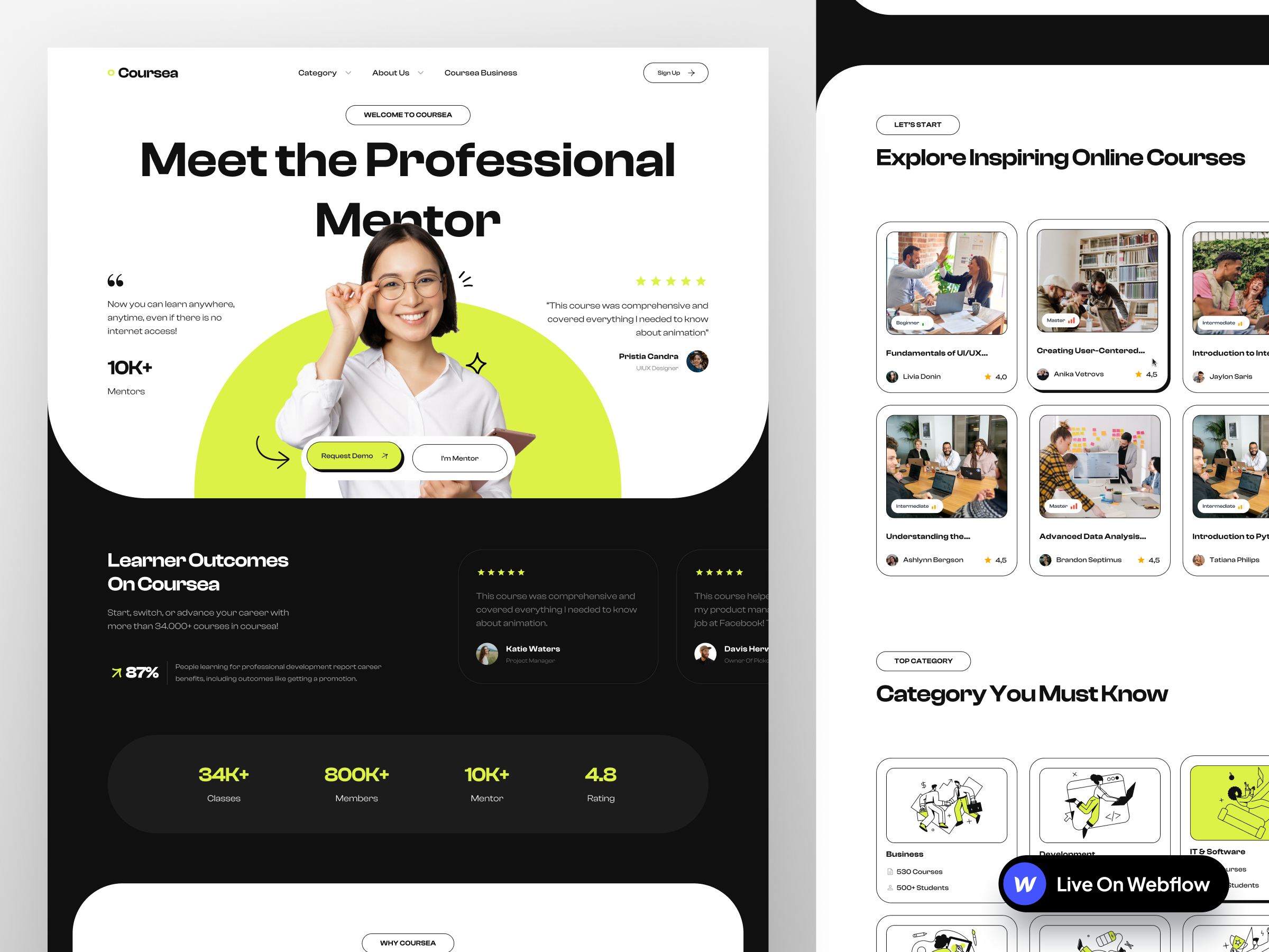 [LIVE Webflow] Coursea - Courses Website black bold certification course courses courses website development green instructor live website mentor online class online course professional webflow website website platform course