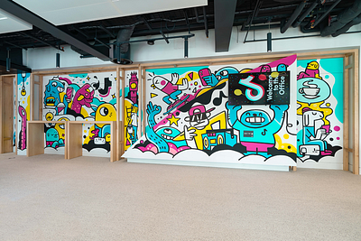 TikTok London Headquarters Mural doodle illustration installation mural office mural painting surface