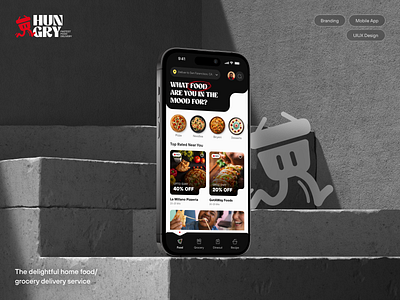 Hungry - Food/Grocery Delivery App 🍕🍅 app ui bottom menu branding case study cooking recipe creative app ecommerce fabstudio design food app food delivery food logo grocery delivery landing page ui logo design mobile app modern app order detail product detail page shopping uiux