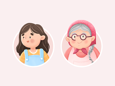 Granddaughter and granny avatars character characters design drawing girl granddaughter grandma granny illustration kid sketches
