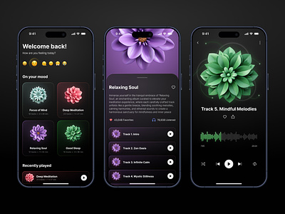 Meditation App 3d app bloom blossom flowers meditate meditation meditation app mental health mindful mindfullness mobile mobile app music relax sleep sounds app therapy ui wellness