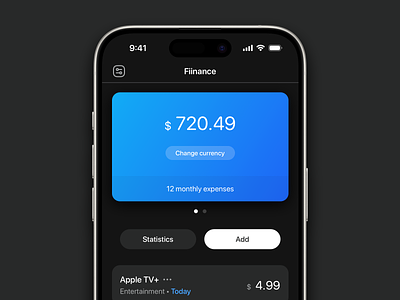 Fiinance - Dark mode amount app button card cards currency daily design expense finance header ios iphone mobile monthly scree scrollview statistics subscription transparency