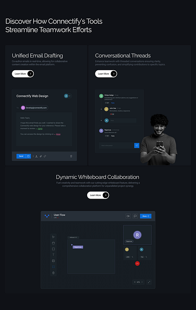 Connectify Features in Dark Mode chat dark mode email saas product webdesign whiteboard