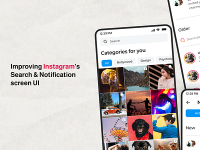 Daily UI Challenge: Day 4 (Improving Instagram's UI) categories designchallenge informationarchitecture instagram mobileapp notifications personalization redesign search socialmedia uichallenge uiux usability