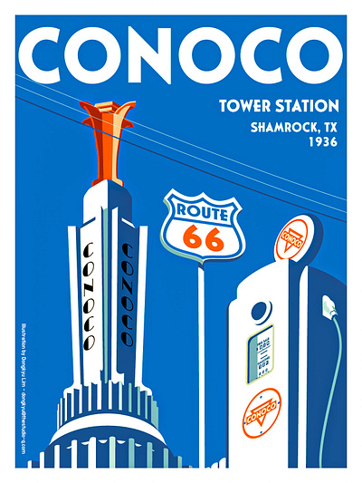 Conoco Tower Station - Shamrock, TX architecture art deco illustration isometric isometric illustration route66 vintage