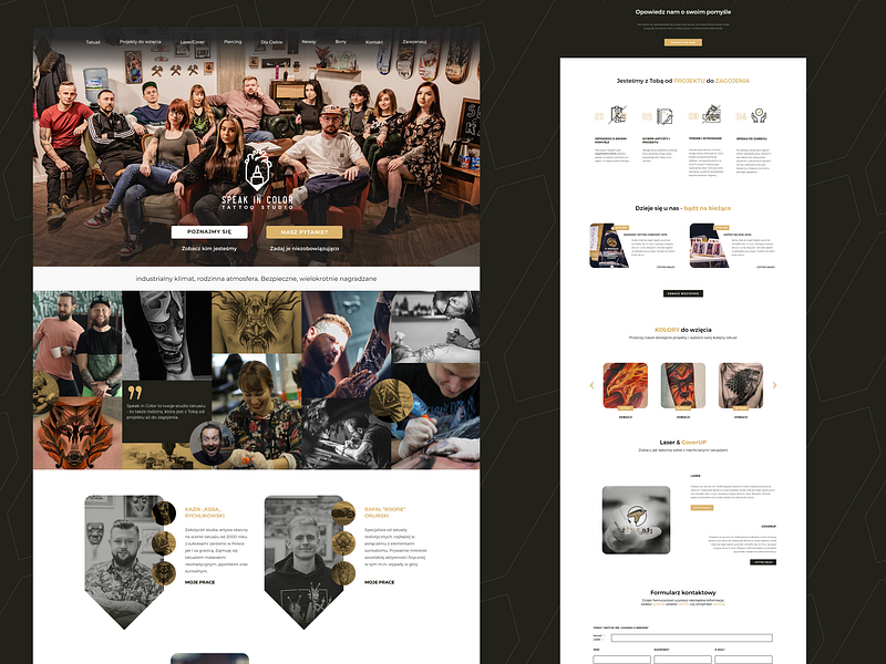 Speak in Color - Tattoo studio website artistic black clean design shop filtering frontend gold homepage interface logo exploration polish studio tattoo ui ux web webdesign website wordpress