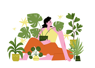 Plant lady design editorial flat style illustration magazine minimalistic nature plants vector woman