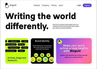 Concept design for BingoAI - An AI writing tool firm branding graphic design ui ux web design