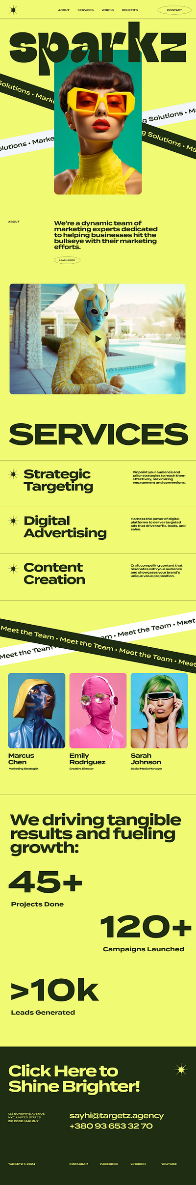 Modern and trendy website for Sparkz Marketing Agency agency ai generated bright clean creative creativity fashion marketing modern neon sparks squarespace star sunglasses trendy typography website wix woman