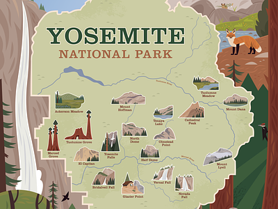 Yosemite National Park Map animals california camping design icon icon design icons illustrated map illustration map national park national parks nature travel travel illustration vector wildlife