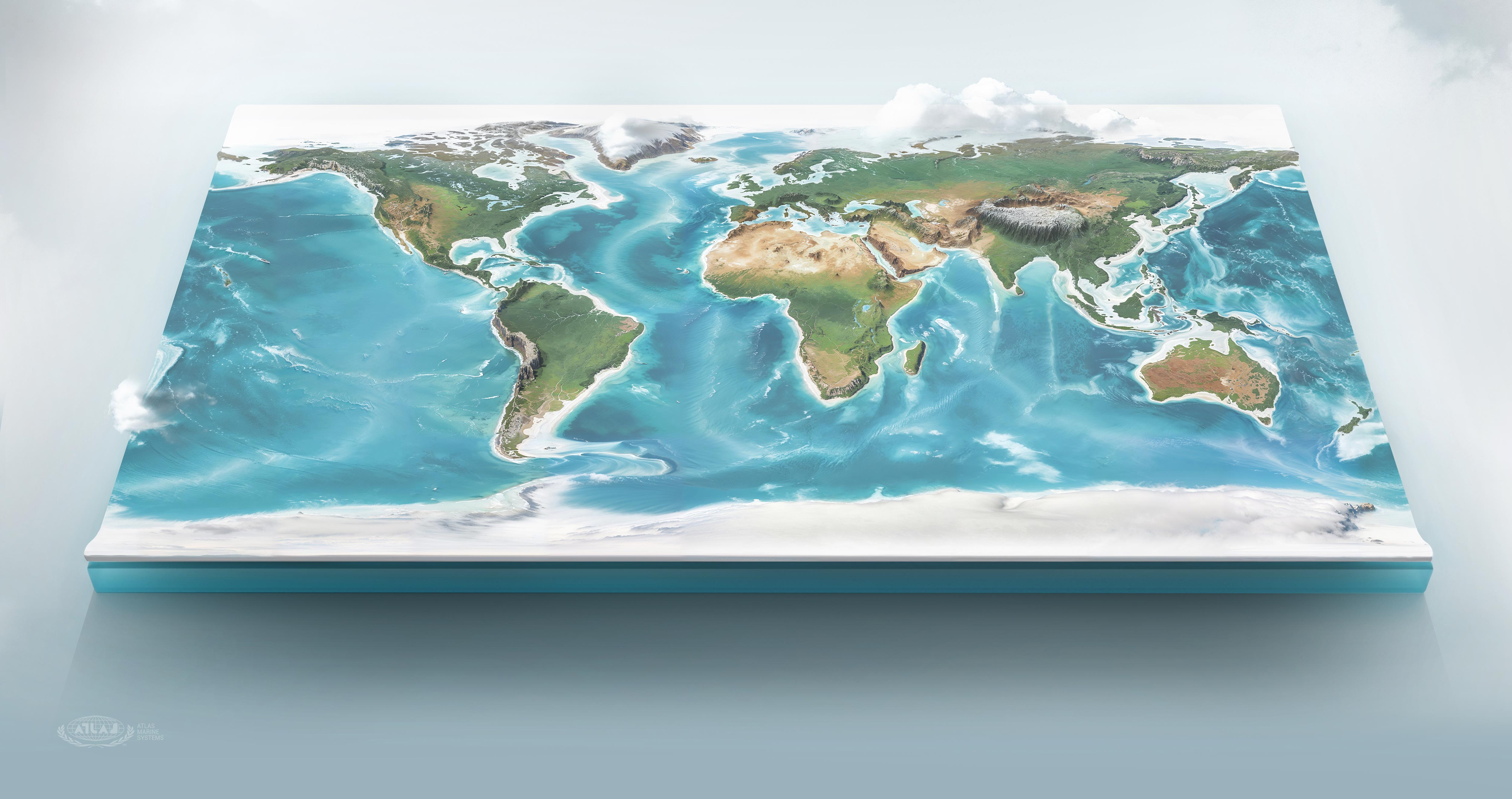 Atlas Marine Systems 3D World Map 3d atlas blue clouds design earth flat graphic illustration map nature planet realistic rectangle water world
