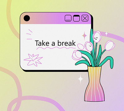 Reminder! take a break flat flower gradient illustration pink vase vector vectorart vectorillustration