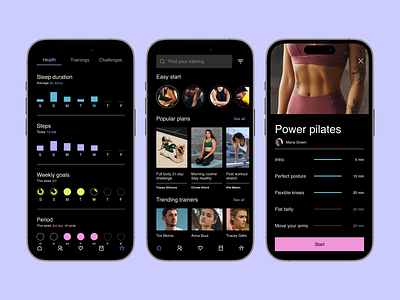 Workout app - screens account app application body challenge design fitness goals health period pilates progress sleep duration statistics steps training ui ux workout yoga