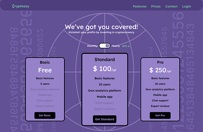 Pricing table for investment support website graphic design ui