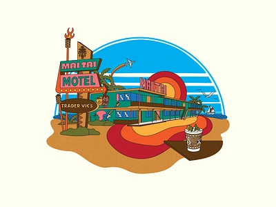 Mai Tai Motel 1960s 1970s apparel beach beverage colorful flat illustration kitsch mai tai midcentury motel perspective polynesian psychedelic spot illustration sunset vintage