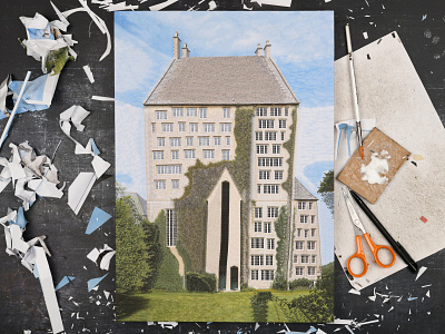 Mill House, studio building collage dribbble house illustration