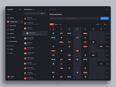 Admin app for car service. Scheduler admin admin app app calendar car car service dark mode dashboard design elena sinianskaya gotoinc mechanics olena synianska scheduler ui uiux ux web application webapp webdesign
