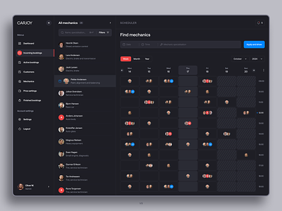 Admin app for car service. Scheduler admin admin app app calendar car car service dark mode dashboard design elena sinianskaya gotoinc mechanics olena synianska scheduler ui uiux ux web application webapp webdesign
