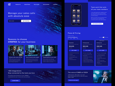 Landing page concept for CRMPBX app landing black blue calls crm customer relationship management dark blue future landing for an app landing page landing page concept mobile app mobile application plans pricing promotional website sofrware product software ui web design