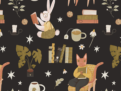 Book lovers pattern animals book lover book nook books cartoon cat characters cozy creative market cute design graphic design illustration pattern photoshop project reading