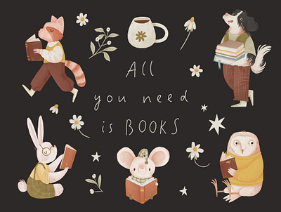 All yoi need is books animals book book day book lover book nook card cartoon characters coffee cozy creative market cute design flower graphic design illustration photoshop procreate