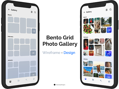 Bento Grid style Photo Gallery album app bento grid cards clean design figma gallery grid memories minimal mobile more photo search filter suggestions tab timeline ui wireframe